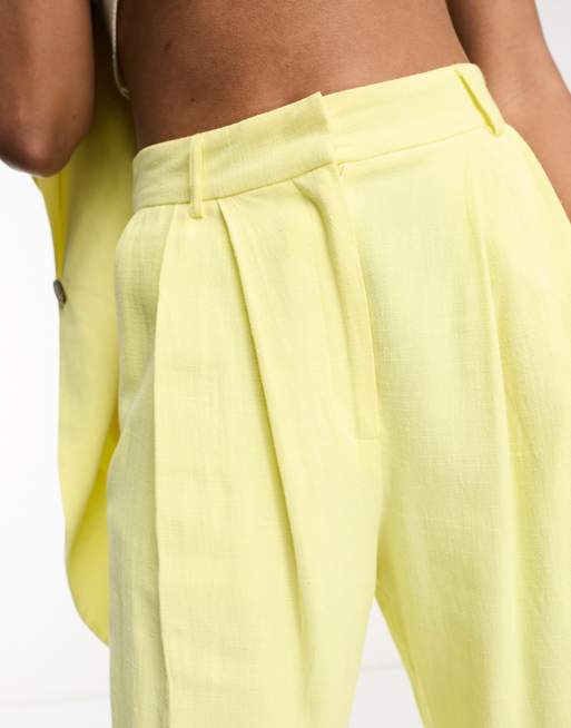 ASOS DESIGN Tall inverted pleat wide leg suit pants with linen in lemon, 3 of 4