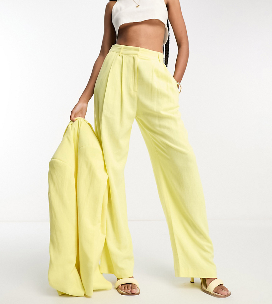 ASOS DESIGN Tall inverted pleat wide leg suit trouser with linen in lemon-Yellow