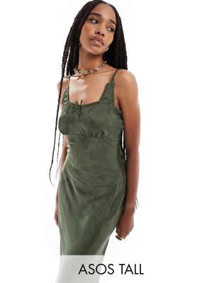 ASOS Tall ASOS DESIGN Tall jacquard bra detail ruched bust cami midi slip dress in forest green