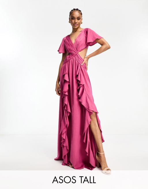 ASOS DESIGN Tall – Jagodoworóżowa atłasowa sukienka maxi z falbankami, rozkloszowanymi rękawami i wycięcie w talii
