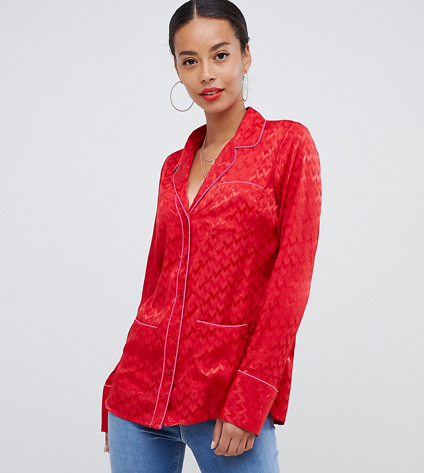 ASOS DESIGN – Tall – jaquardmönstrad skjorta i pyjamasstil med lång ärm-Röd