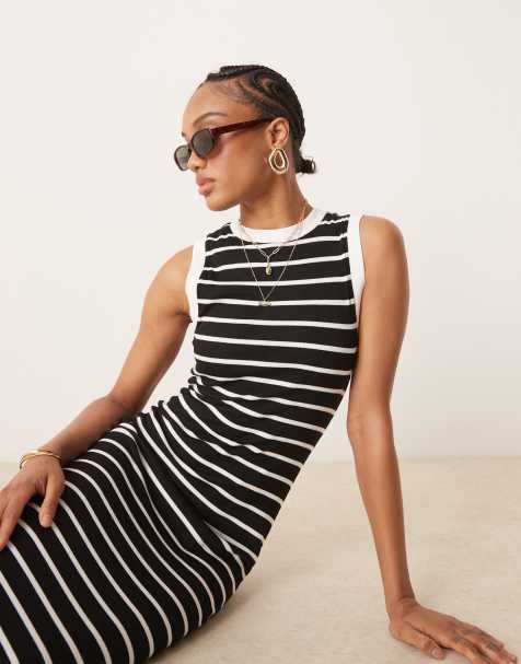 ASOS DESIGN Tall - Jaren 90 midi tank jurk met rib in mono gestreept - view 1