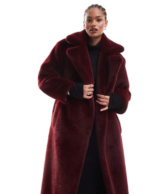 ASOS DESIGN Tall - Jas van imitatiebont met ceintuur en lange pasvorm in bordeauxrood, 3 van 4
