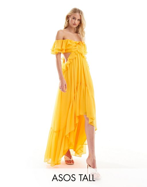 FhyzicsShops DESIGN Tall – Jaskrawopomarańczowa sukienka maxi z odsłoniętymi ramionami, falbankami i wycięciami