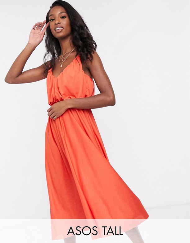  Styl ASOS DESIGN Tall – Jaskrawopomarańczowa sukienka midi na ramiączkach z głębokim dekoltem Bright orange