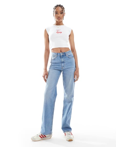 ASOS DESIGN Tall comfort stretch straight leg jeans in light mid blue