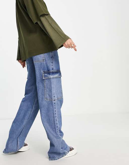 ASOS DESIGN Tall - Jean cargo en coton mélangé à taille basse - Bleu moyen délavé - LBLUE, 2 de 4