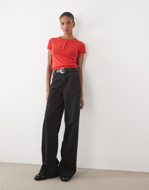 ASOS DESIGN Tall jeans med vida ben, pressveck framtill och bälte i svart - view 1