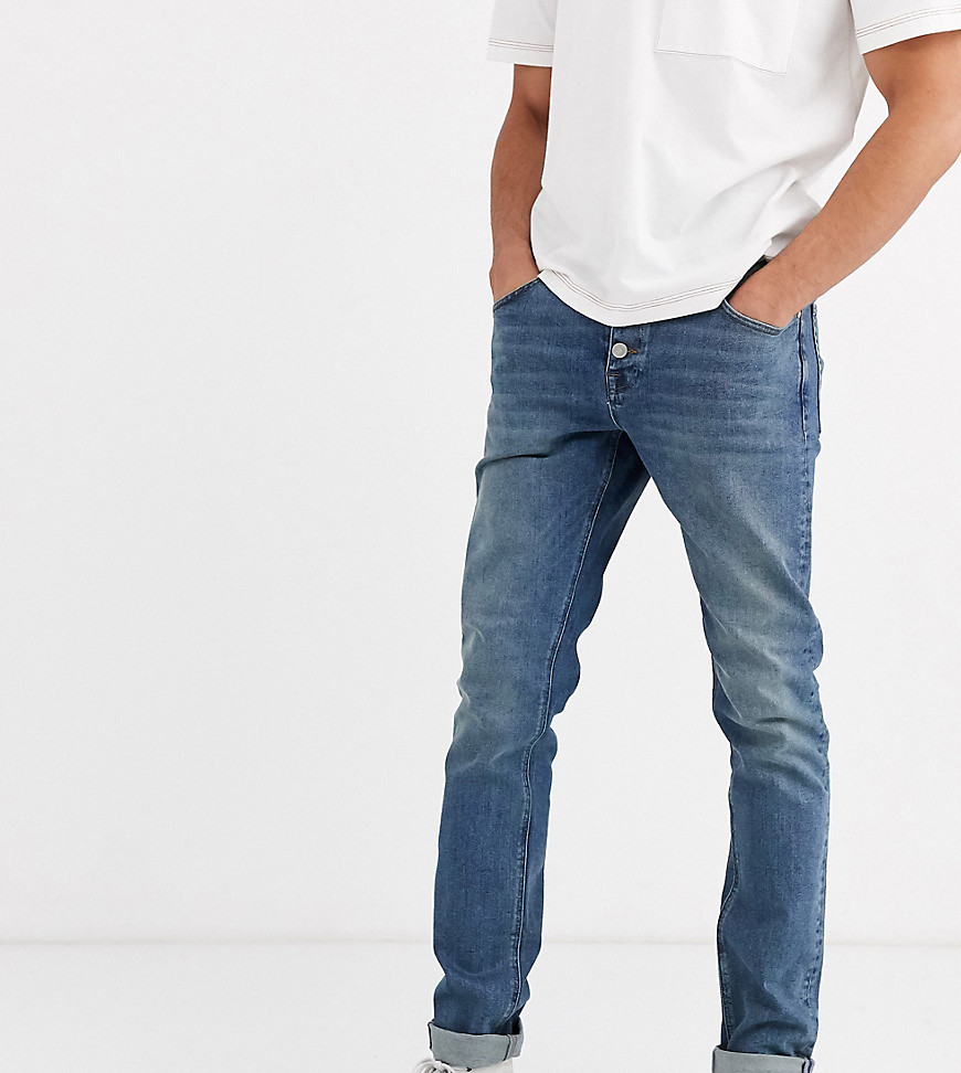 ASOS DESIGN Tall - Jeans slim con patta con bottoni a vista lavaggio medio vintage-Blu