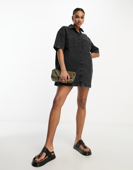 ASOS DESIGN Tall – Jeansowa sukienka koszulowa z krótkim rękawem w spranym czarnym kolorze