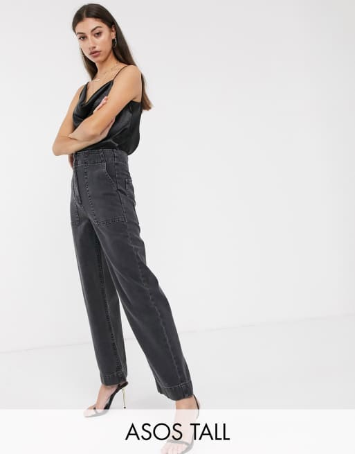 ASOS DESIGN Tall – Jeansy a'la stolarz o krótkim fasonie z szerokimi nogawkami w kolorze spranej czerni
