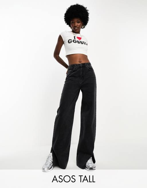 ASOS DESIGN Tall – Jeansy o fasonie dad z szerokimi nogawkami i rozcięciami, w kolorze spranej czerni