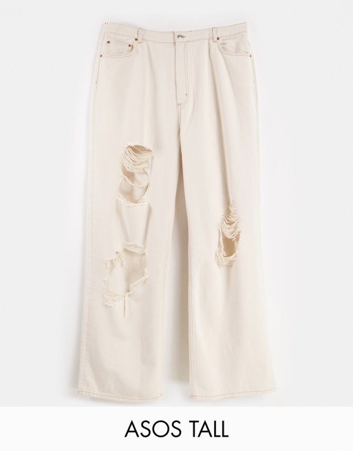 ASOS DESIGN Tall – Jeansy o luźnym kroju dad w kolorze ecru z rozdarciami i podwyższonym stanem
