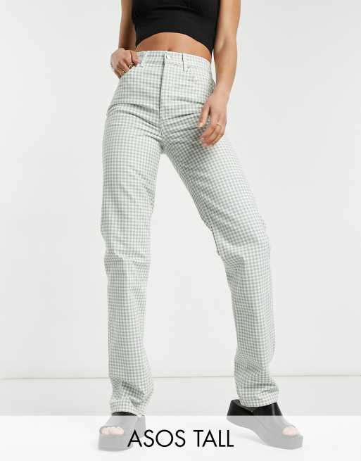 ASOS DESIGN Tall – Jeansy o prostym kroju ze średnim stanem, w zieloną kratkę vichy