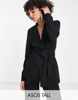 ASOS DESIGN Tall - Jersey-Anzugblazer in Schwarz mit Bindegürtel