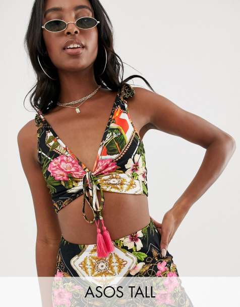 ASOS DESIGN Tall jersey beach crop top with ruched front in dark tropical print co-ord