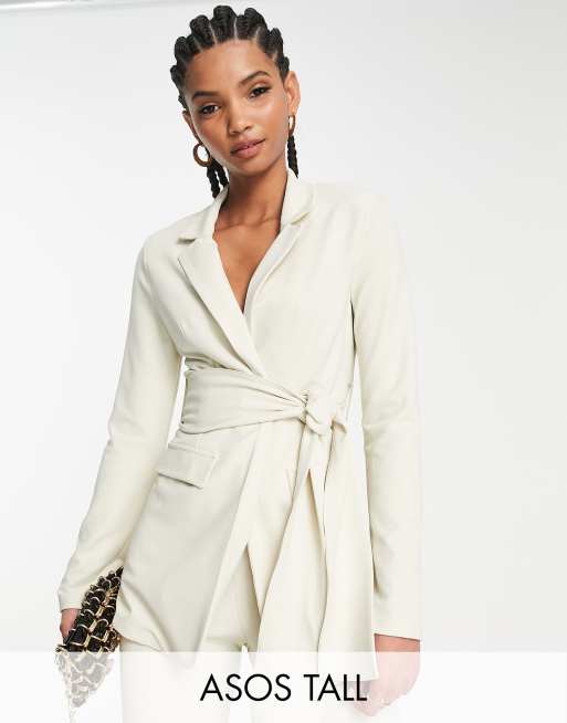 ASOS DESIGN Tall - Jersey colbert met gestrikte obi-taille in ivoorwit