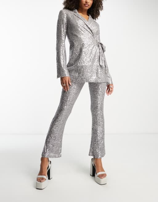ASOS DESIGN Tall - Jersey flare-broek met lovertjes in gunmetal