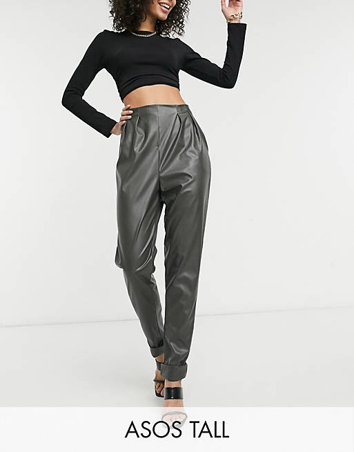 ASOS DESIGN Tall jersey leather look tapered suit trouser in forest green