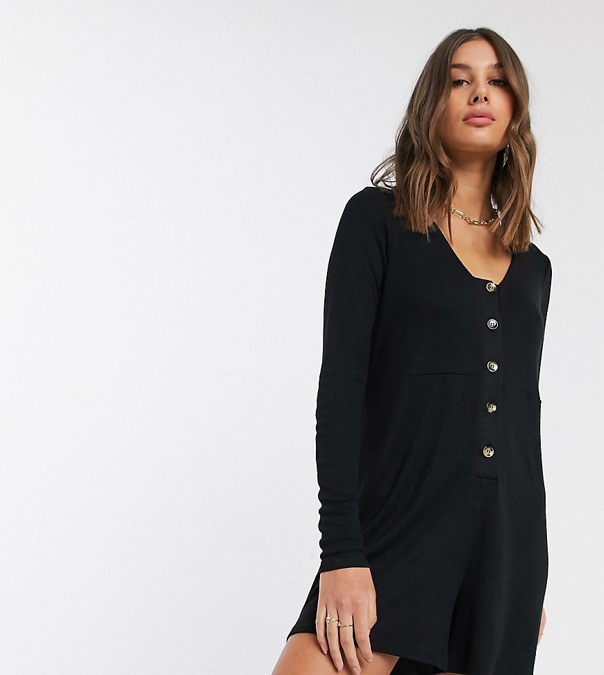 ASOS DESIGN Tall jersey lounge slouchy rib romper with button front-Black