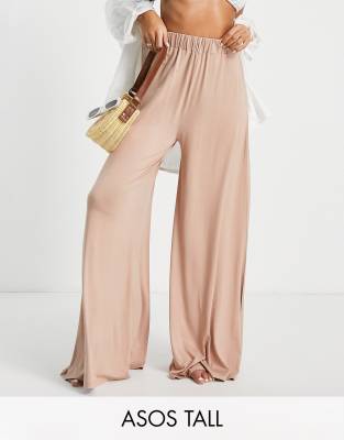 ASOS DESIGN Tall jersey palazzo beach trouser in cream-Neutral