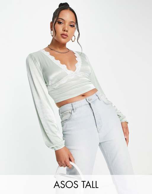 ASOS DESIGN Tall jersey satin lace trim blouse in sage