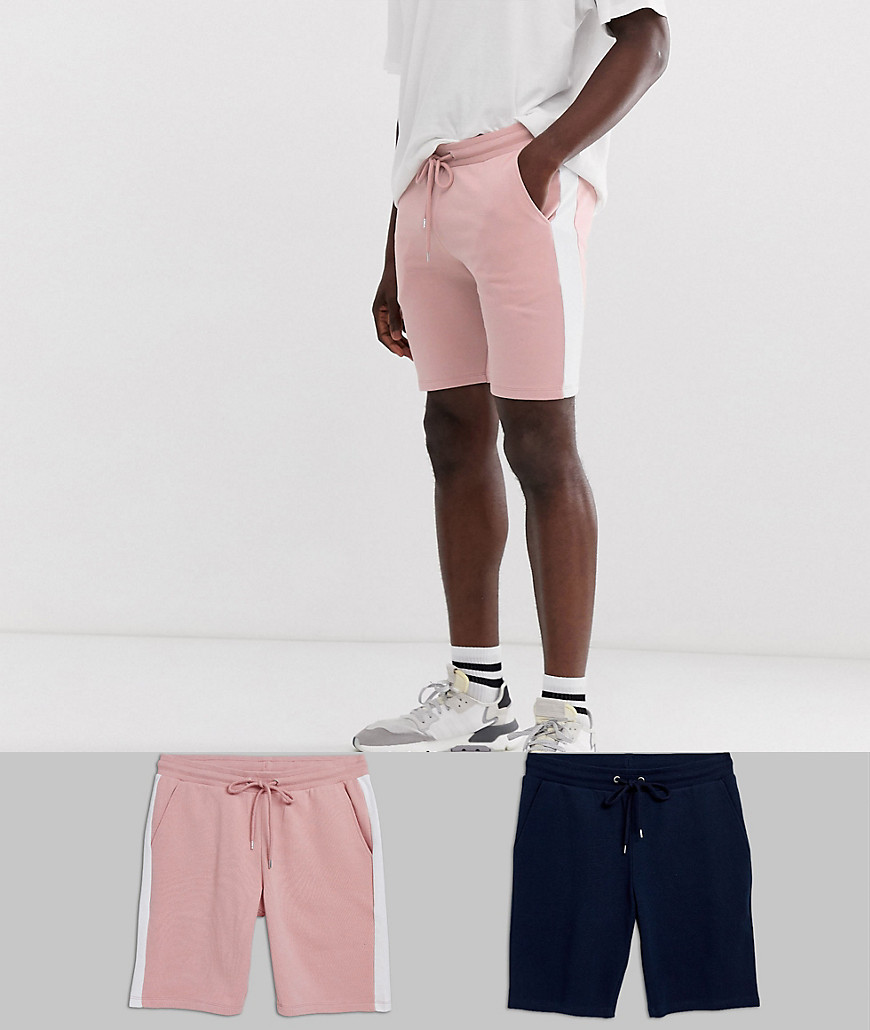 ASOS DESIGN Tall jersey skinny shorts 2 Pack with side stripe in pink and plain navy