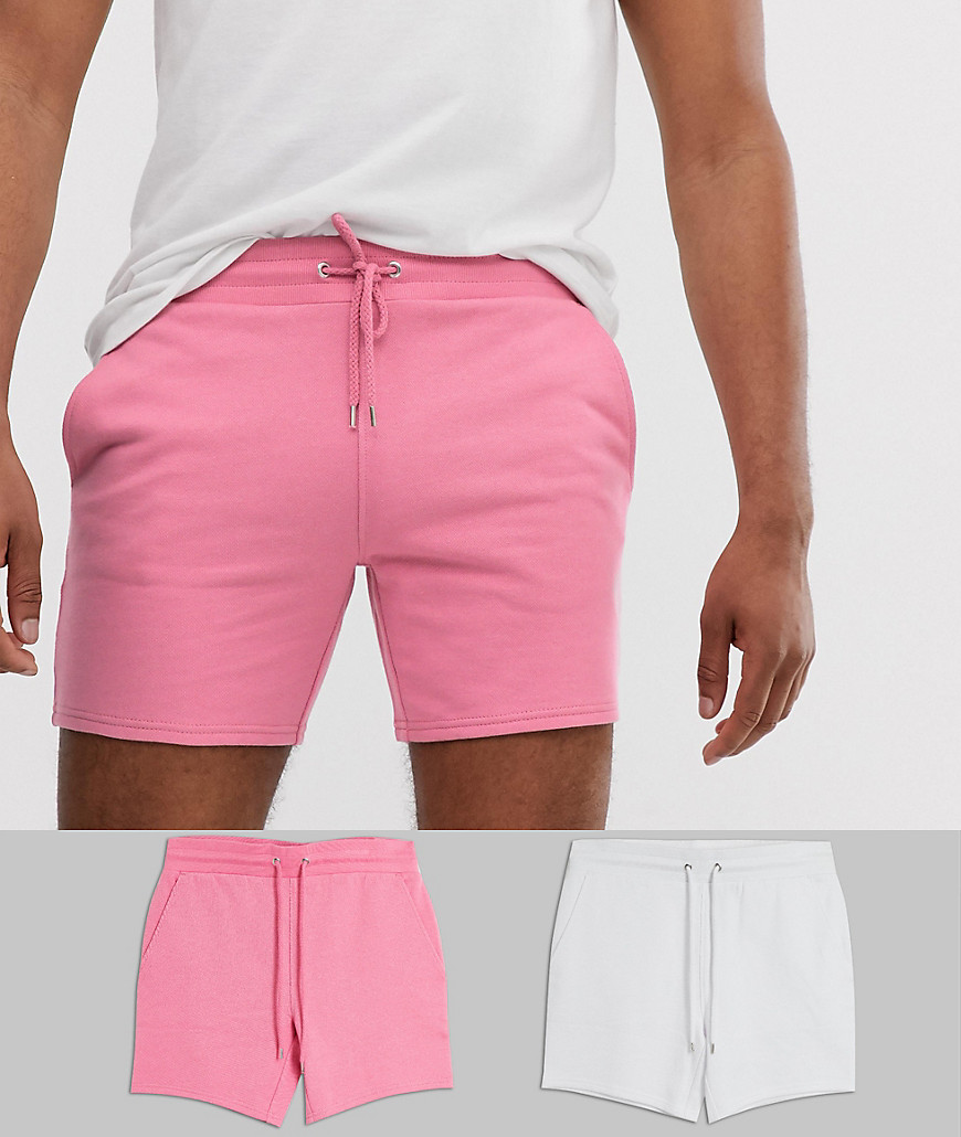 ASOS DESIGN Tall jersey skinny shorts i kortere længde 2 pakke med pink/hvid-Multifarvet