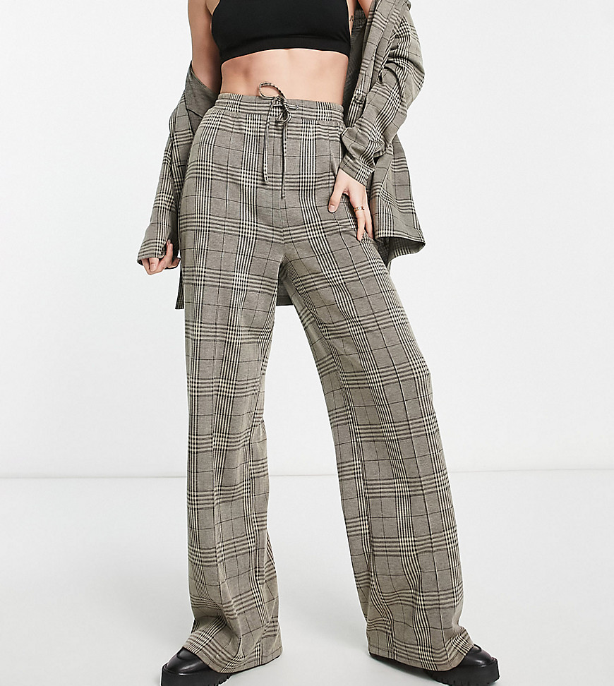 ASOS DESIGN Tall jersey slouch wide leg pants in sage plaid-Green