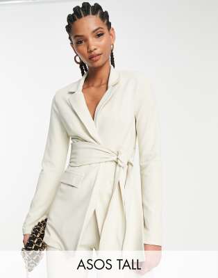 ASOS DESIGN Tall jersey suit blazer with obi tie waist in ivory-Neutral