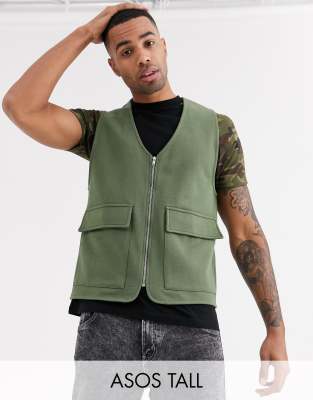 ASOS DESIGN TALL JERSEY UTILITY VEST IN KHAKI-GREEN BRELLO T
