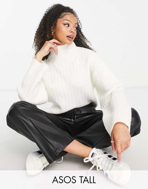 ASOS DESIGN Tall jumper in mini cable with high neck in cream