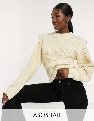 Asos Tall - Asos design tall jumper in mixed rib with shoulder detail in beige-white