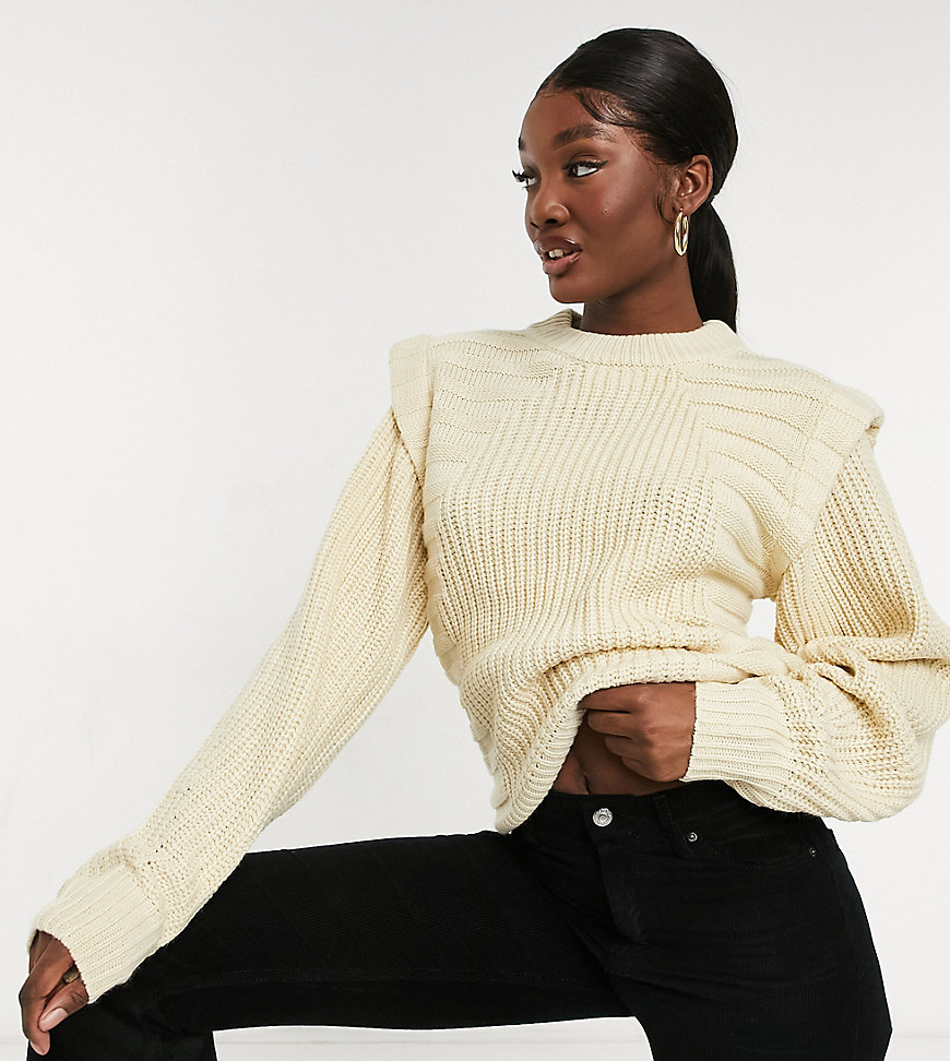 ASOS DESIGN Tall jumper in mixed rib with shoulder detail in beige-White