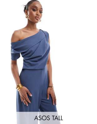 ASOS DESIGN Tall - Jumpsuit in Blau mit abfallender Schulterpartie, gerafftem Detail und weitem Bein