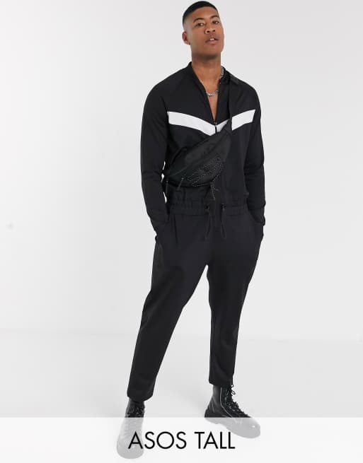 ASOS DESIGN Tall jumpsuit in poly tricot with chevron in black | ASOS