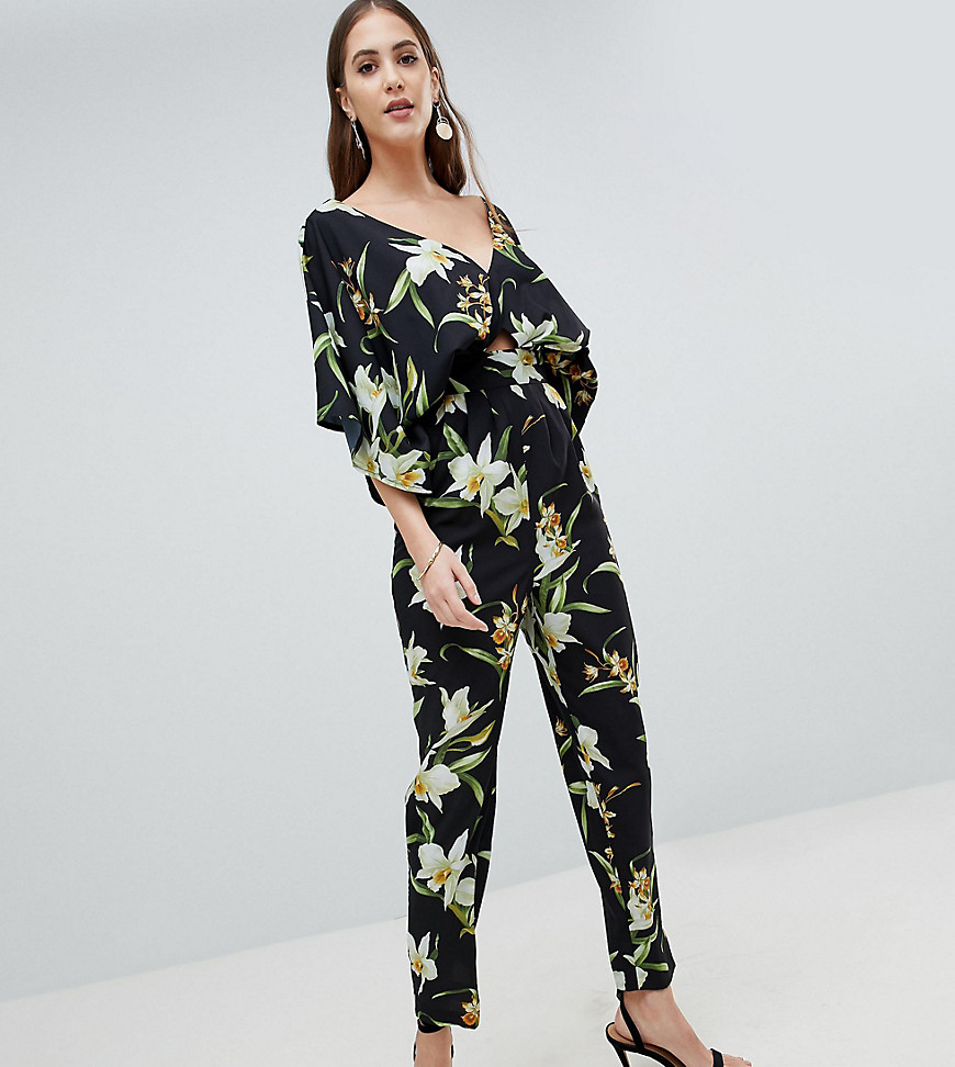 ASOS DESIGN Tall Jumpsuit With Kimono Sleeve And Peg Leg In Lily Print-Black