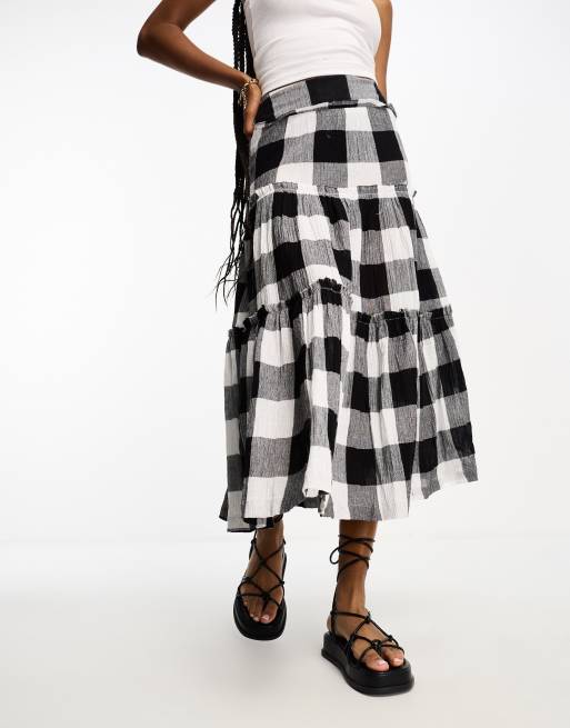 Jupe Noire à Volants Et Imprimé Blanc C&A - Taille S/36, Occasion Très Bon état, Longueur Genou