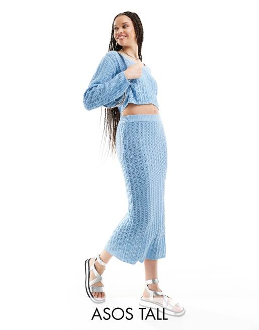 ASOS DESIGN Tall - Jupe mi-longue d'ensemble en maille ajourée - Bleu