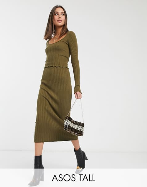 ASOS DESIGN Tall - Jupe mi-longue en maille avec ourlet à volant (ensemble)