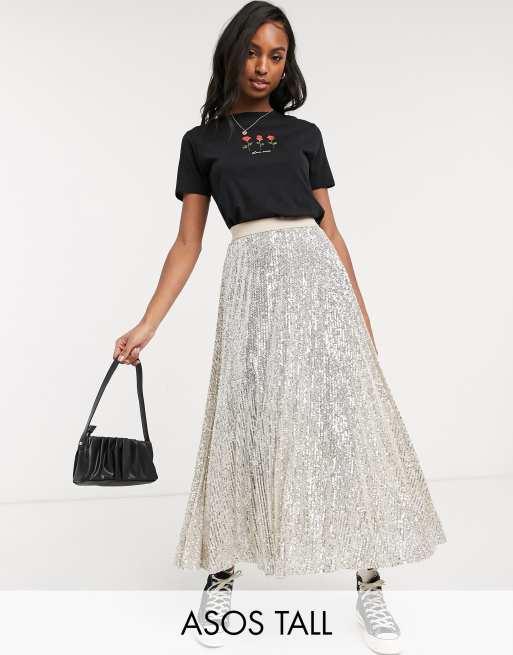 ASOS DESIGN Tall Jupe mi longue pliss e sequins Argent ASOS