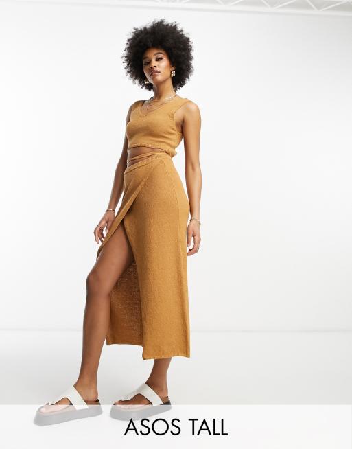 ASOS DESIGN Tall Jupe portefeuille d ensemble mi longue en maille texturee Camel ASOS