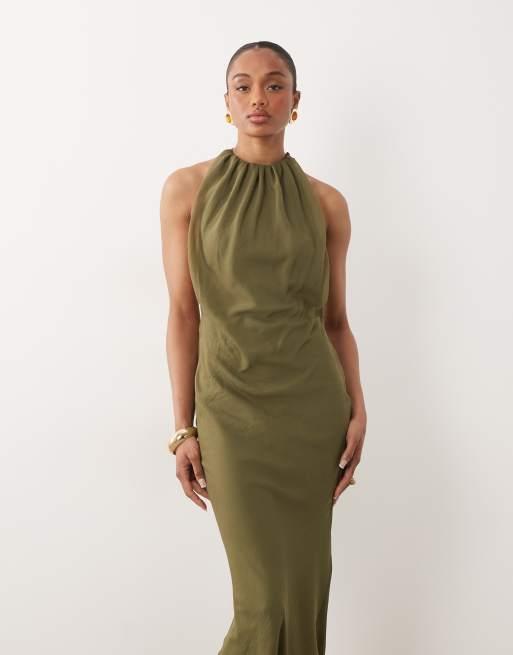 ASOS DESIGN Tall – Kakifärgad maxiklänning med draperad halterneck och knut baktill, 4 av 4