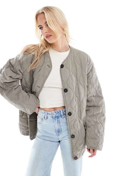 ASOS DESIGN Tall – Kakifärgad, quiltad jacka utan krage - view 1