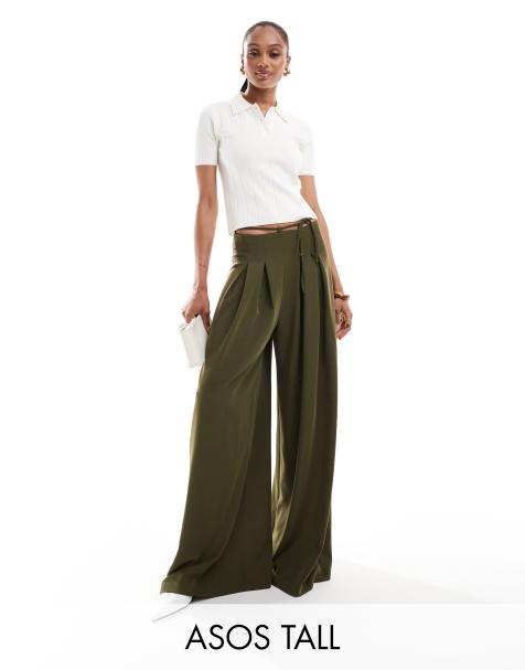 ASOS DESIGN Tall – Kakifärgade, figursydda byxor med supervida ben och knytning i midjan - view 1