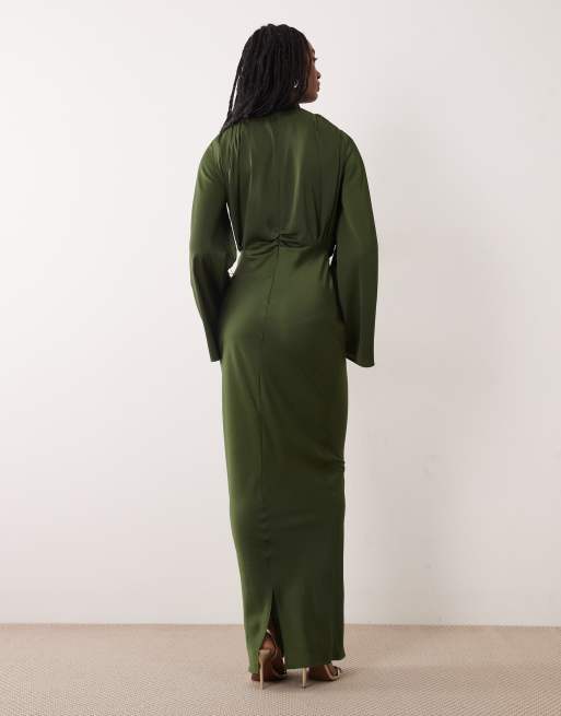 ASOS DESIGN Tall - Kakigrøn kjole med trompetærmer og drapering, 2 af 4