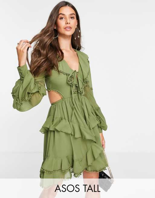 ASOS DESIGN Tall - Kakigrøn minikjole med flæser i chiffon
