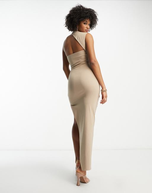 ASOS DESIGN Tall - Kamelbrun bodycon-midikjole med oneshoulder-snit, slids og slå-om-hals i bengalin, 2 af 4