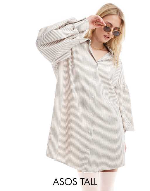ASOS DESIGN Tall – Kamiennobeżowa sukienka koszulowa mini o fasonie boyfriend z obszernymi rękawami z obcisłymi mankietami w paski