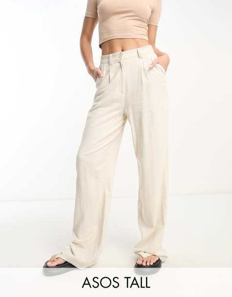 ASOS DESIGN Tall wide leg dad trousers with linen in stone 